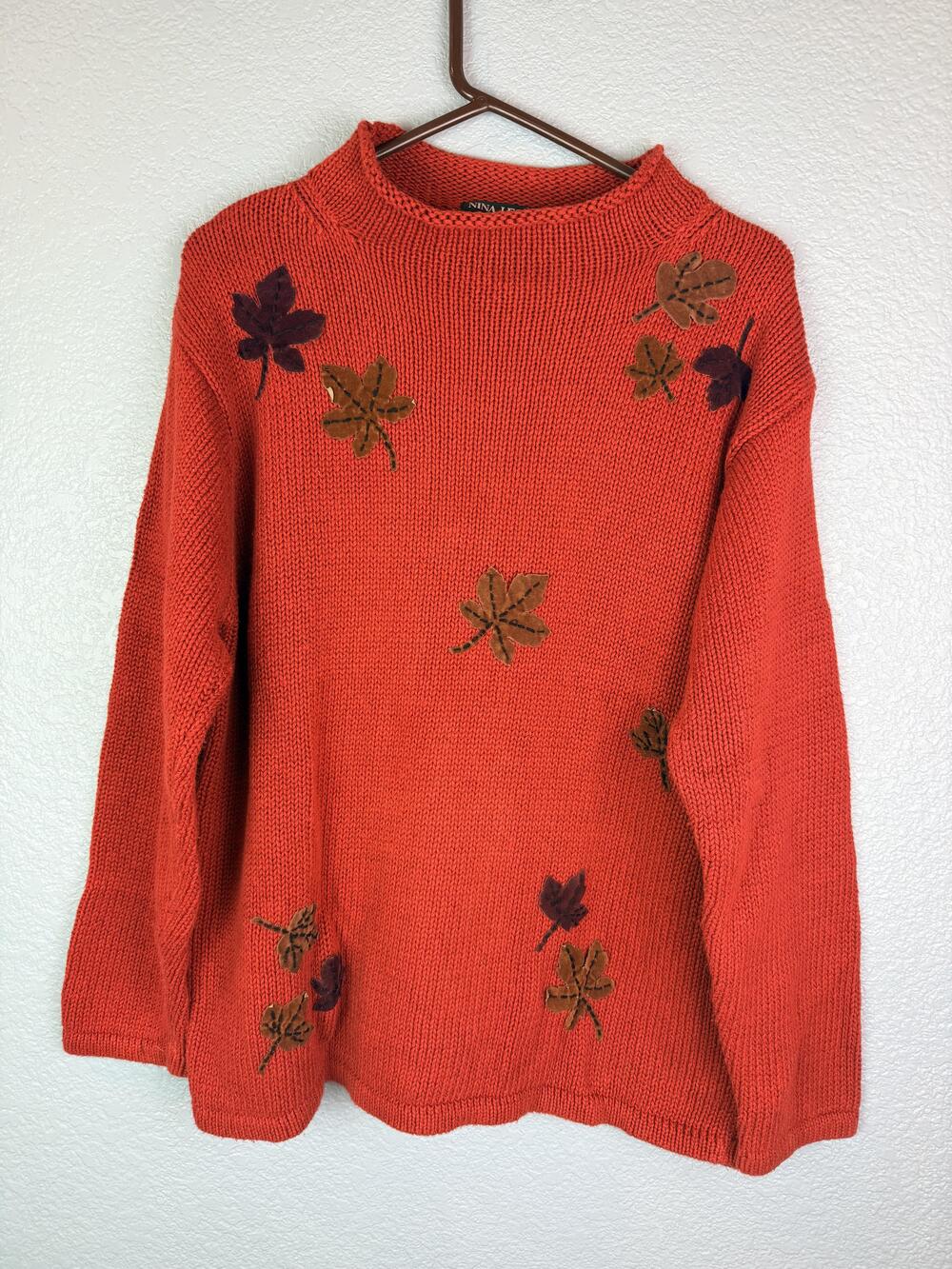 Vintage Nina Leonard Sweater Womens Large Orange Fall Leaf Ramie Pullover 90s